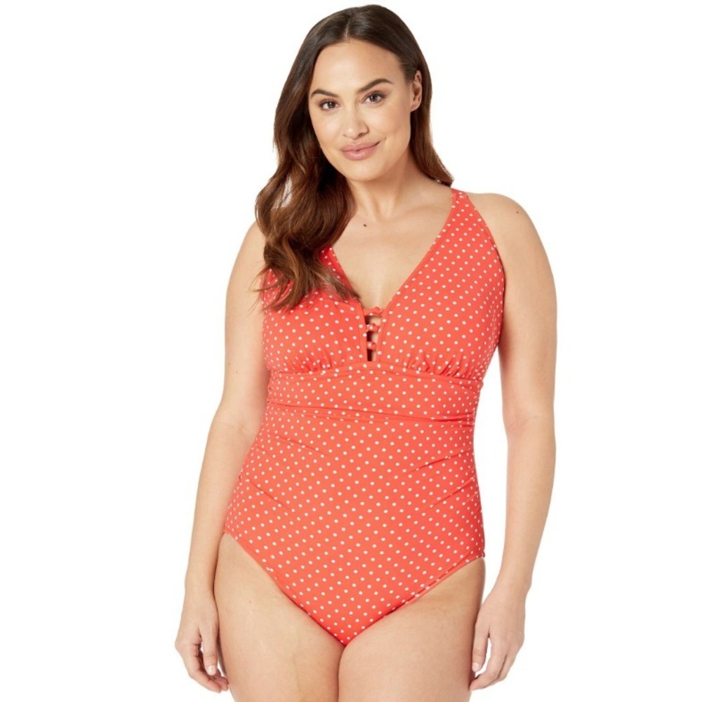 Ralph Lauren Women's Red Pindot One-Piece Swimsuit Plus Size 18W Polka Dot